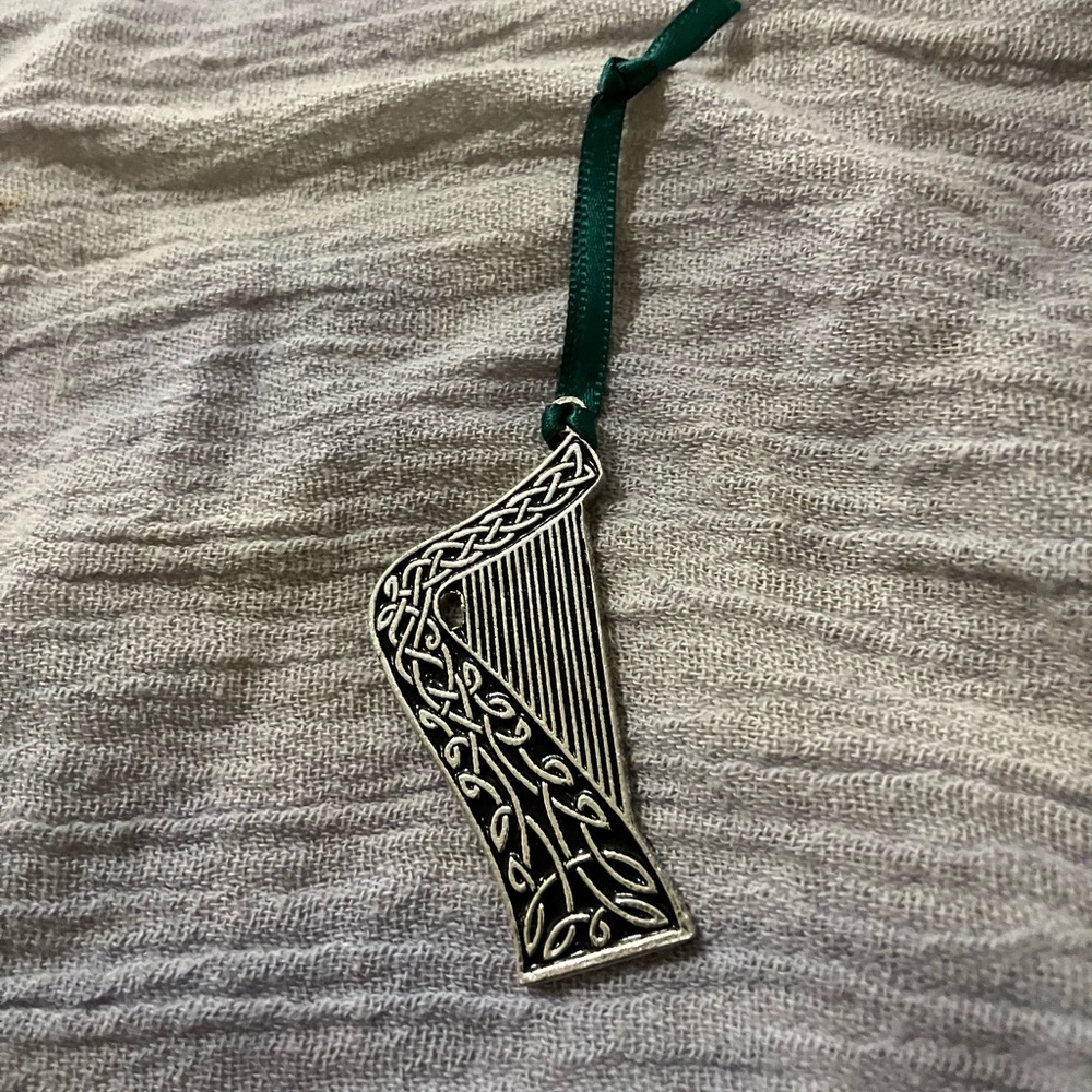 Celtic Harp Pewter Ornament with Green Ribbon